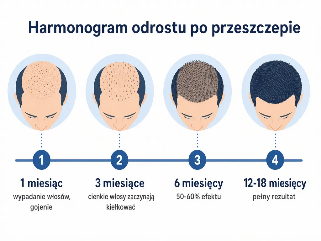 Infografika przedstawiająca harmonogram odrostu włosów po przeszczepie w 1, 3, 6 i 12-18 miesiącu